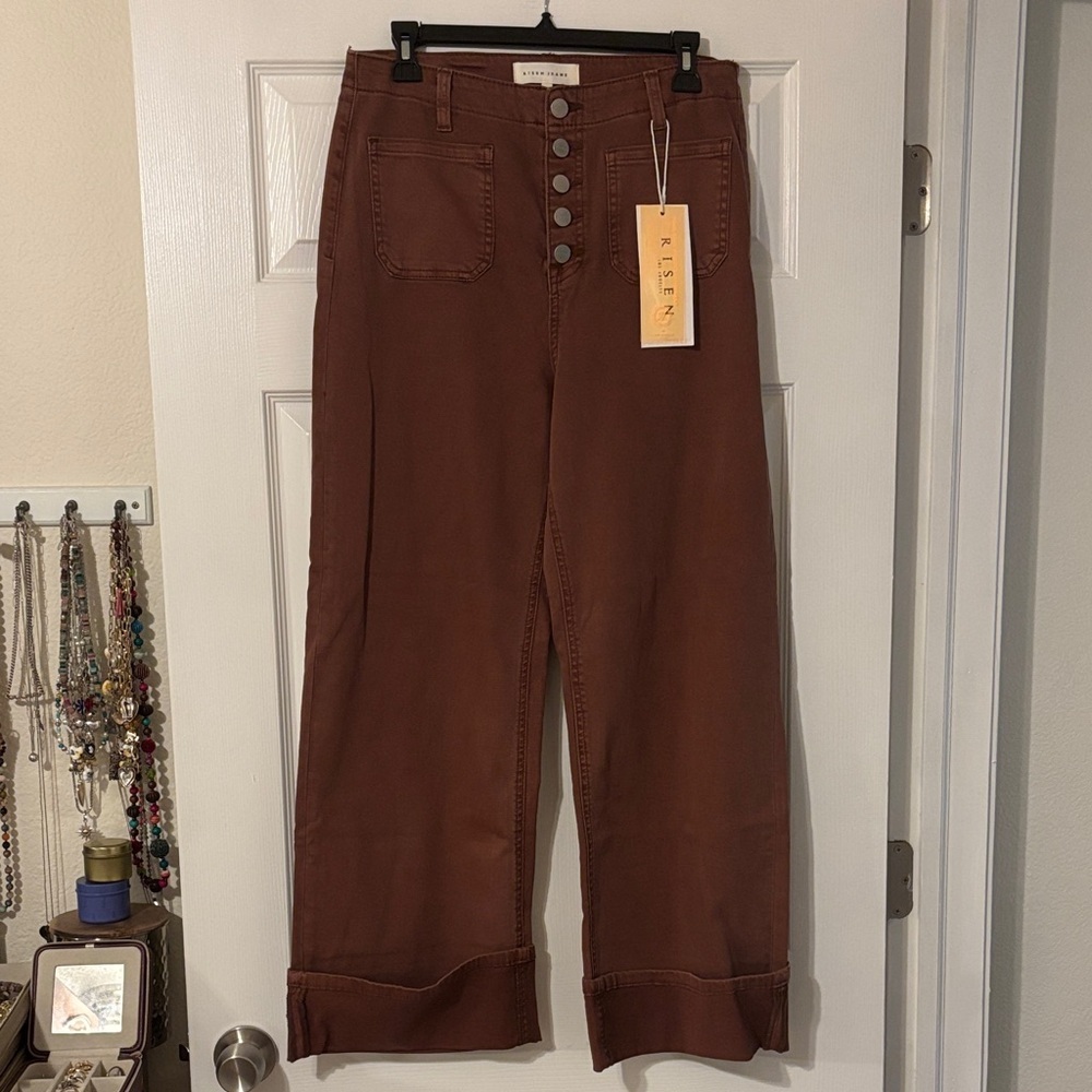 Risen Wide-Leg Cuffed Cropped Jeans-Brown - Picture 1 of 7